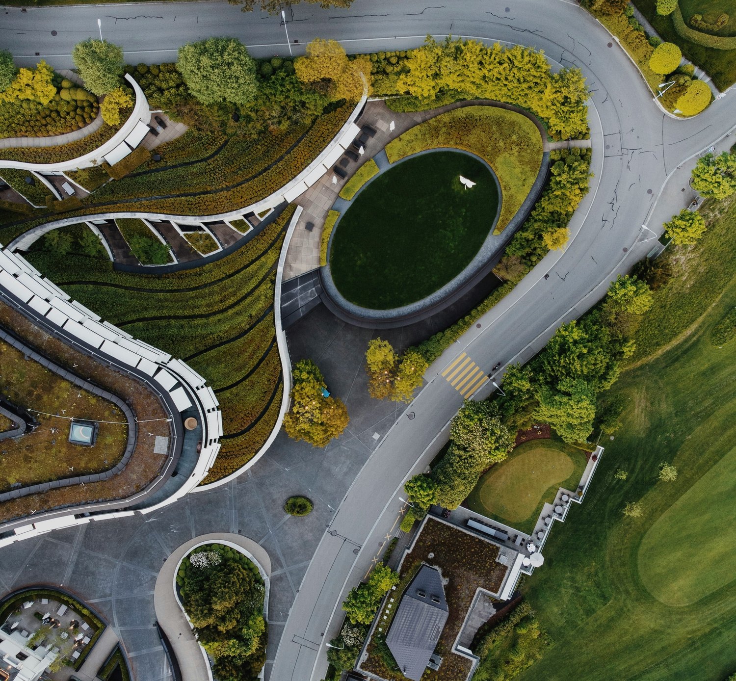 Aerial view of a landscaped rooftop development
